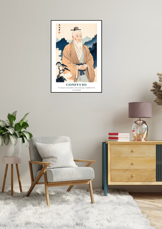 Lámina Feng Shui de Confucio con frase inspiradora Luz en la Oscuridad, ideal para sabiduría y conocimiento. Sumi-e art o feng shui poster