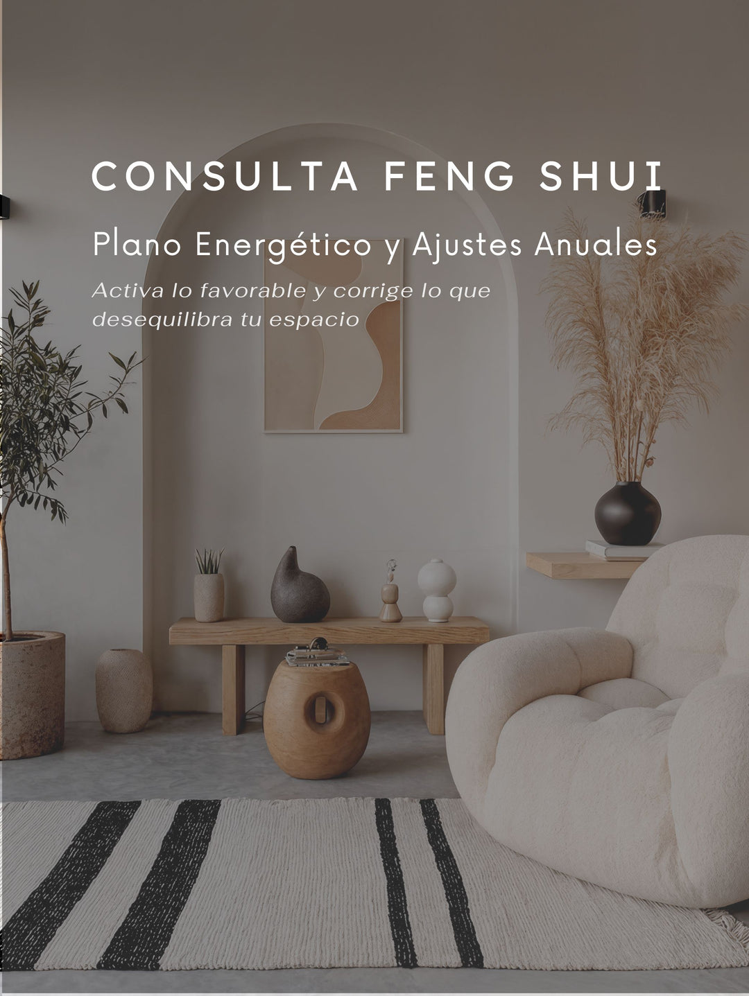 Consulta Feng Shui · Plano Energético y Ajustes Anuales, portada con salón sereno en tonos neutros y decoración armoniosa.