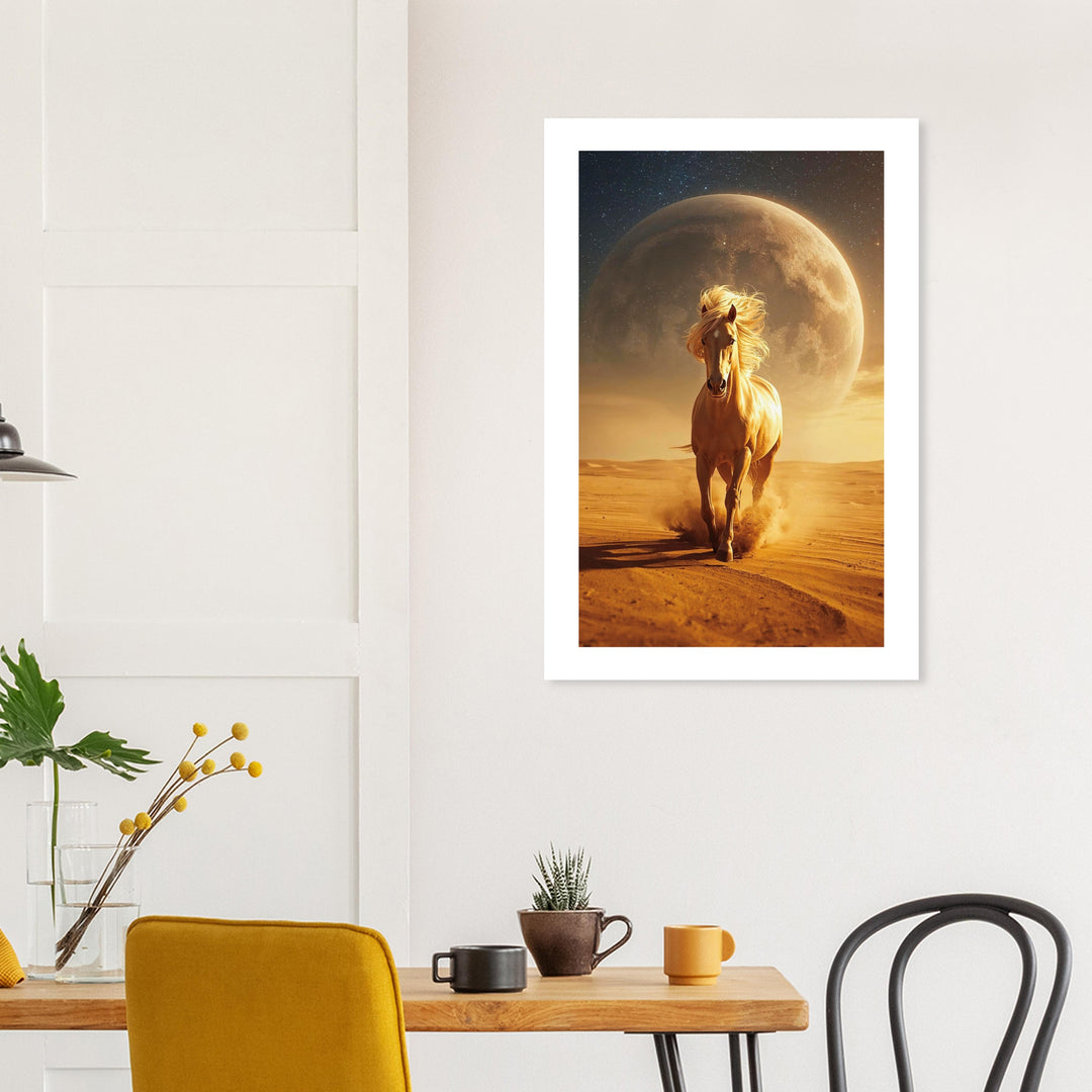 Póster Caballo Dorado Feng Shui sobre zona de trabajo minimalista, arte decorativo para avance, motivación y energía profesional.
