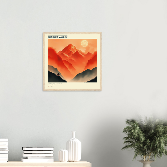 Cuadro Scarlet Valley con paisaje de montañas rojas y luna llena, arte oriental minimalista para decoración de pared moderna