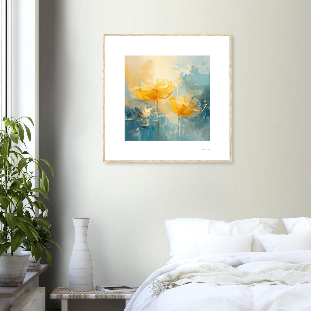 Cuadro de flores amarillas abstractas en formato cuadrado de 70×70 cm decorando un dormitorio luminoso y sereno, arte contemporáneo que aporta calma y armonía.