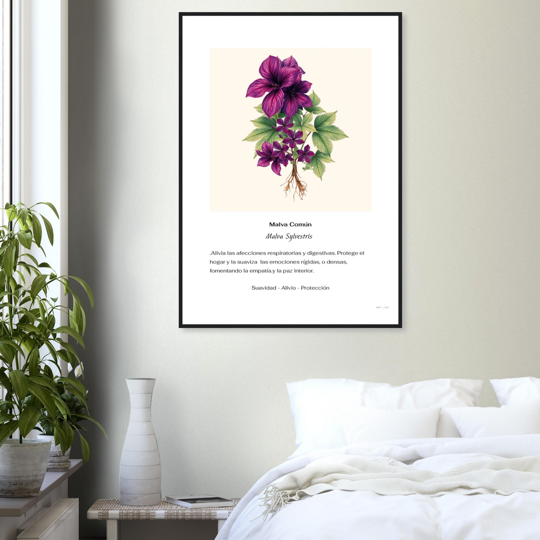 Lámina botánica de Malva Común (Malva sylvestris) estilo vintage con flores púrpuras y raíces detalladas para decoración Feng Shui premium.