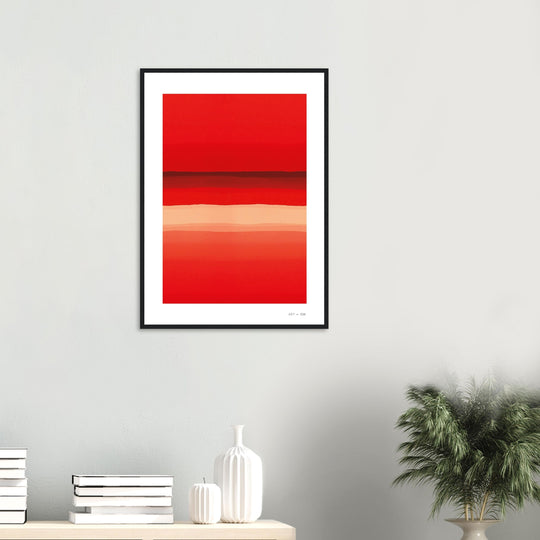 Lámina abstracta de líneas degradadas en tonos rojos y anaranjados, enmarcada con madera negra recibidor tonos blancos