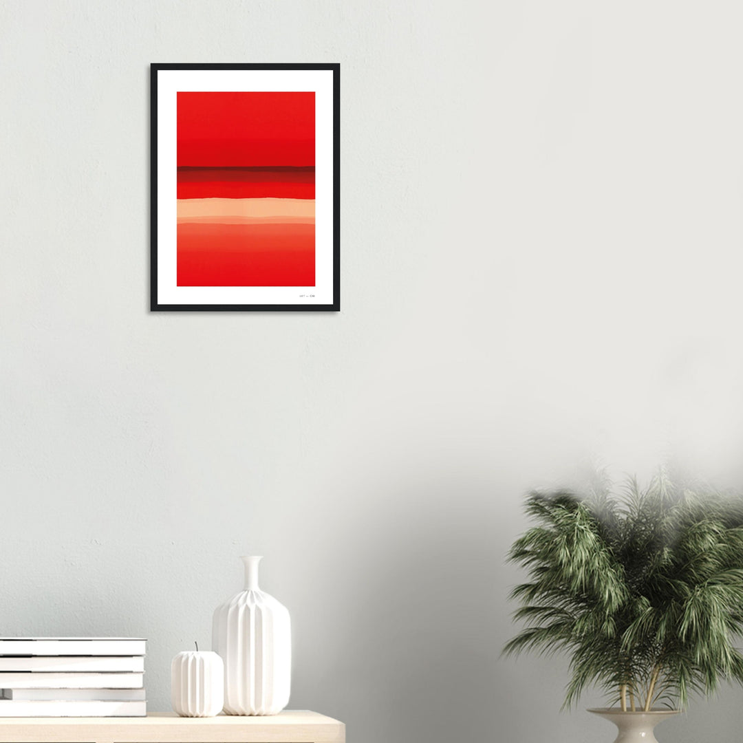 Lámina abstracta de líneas degradadas en tonos rojos y anaranjados, enmarcada con madera negra  recibidor tonos blancos