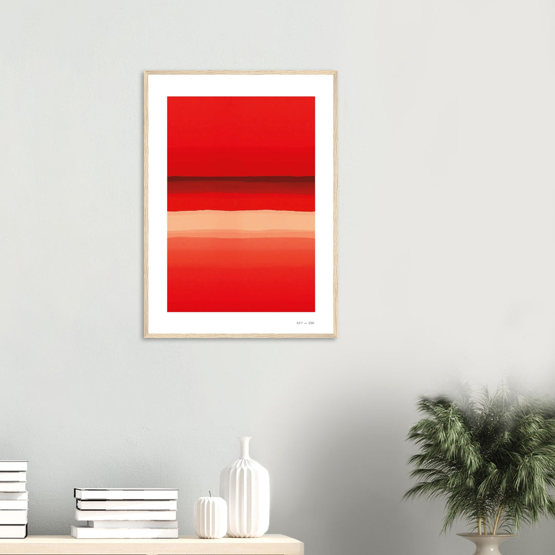 Lámina abstracta de líneas degradadas en tonos rojos y anaranjados, enmarcada con madera clara,recibidor madera 