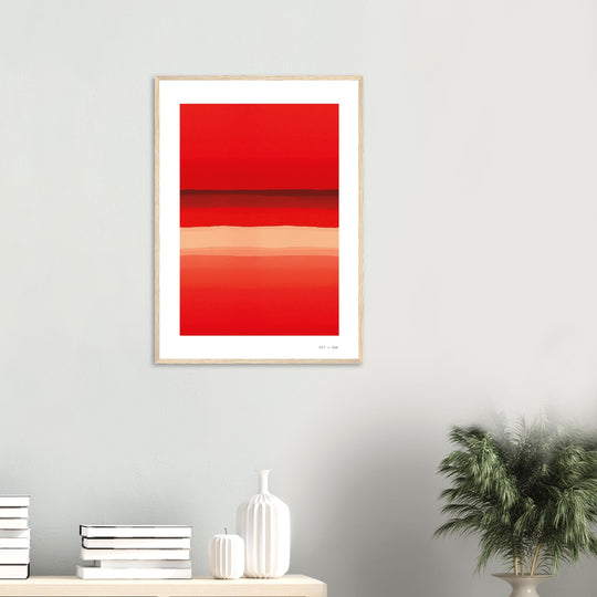 Lámina abstracta de líneas degradadas en tonos rojos y anaranjados, enmarcada con madera clara,recibidor madera 