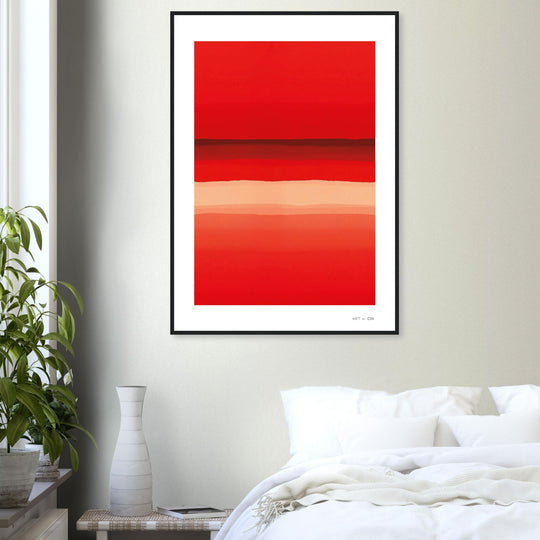 Lámina abstracta de líneas degradadas en tonos rojos y anaranjados, enmarcada con madera negra dormitorio
