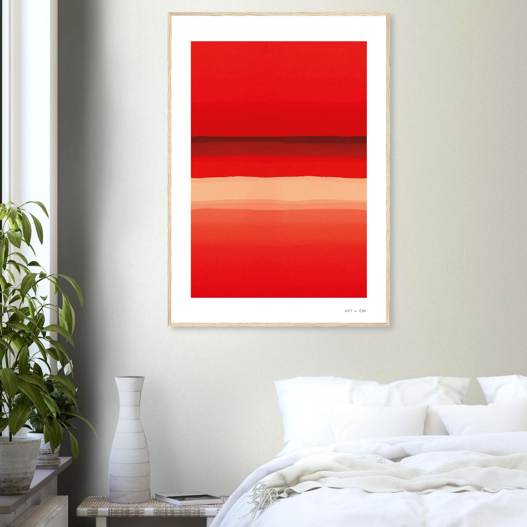 Lámina abstracta de líneas degradadas en tonos rojos y anaranjados, enmarcada con madera clara, dormitorio tamaño 70x100 cm
