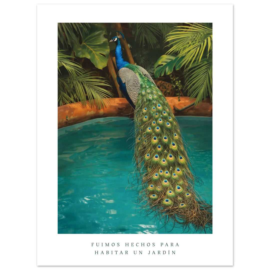 Lamina Feng Shui de pavo real, edición premium, papel mate, colores verde y turquesa con plantas tropicales