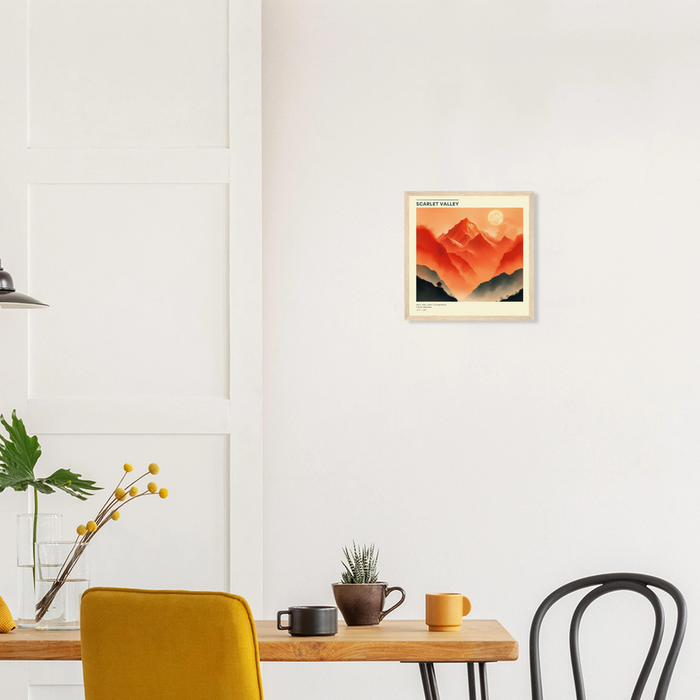 Cuadro Scarlet Valley con paisaje de montañas rojas y luna llena, arte oriental minimalista para decoración de pared moderna