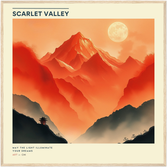 Cuadro Scarlet Valley con paisaje de montañas rojas y luna llena, arte oriental minimalista para decoración de pared moderna