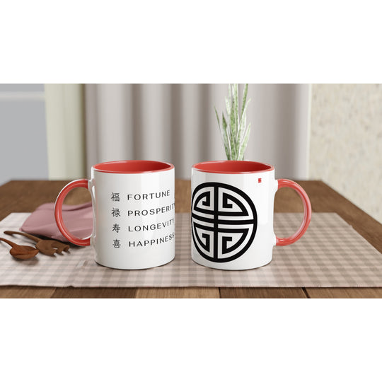 Taza Feng Shui 4 Bendiciones Chinas Fu Lu Shou Xi con interior rojo, diseño oriental asociado a fortuna, éxito y protección.