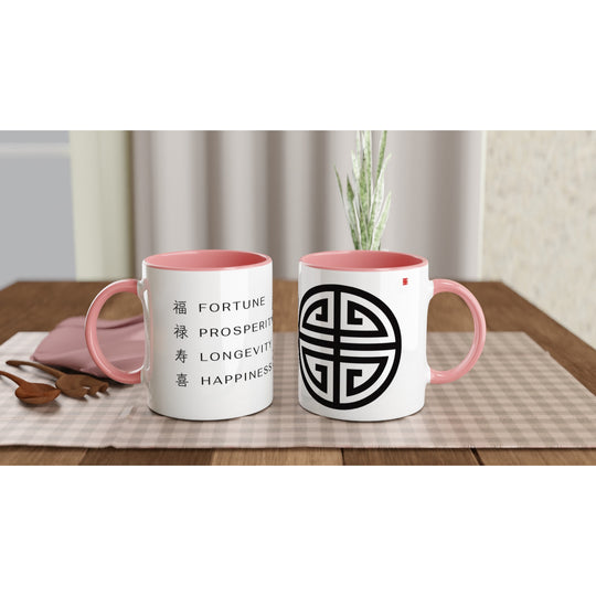 Taza Feng Shui 4 Bendiciones Chinas Fu Lu Shou Xi con interior rosa, diseño espiritual que representa amor, bienestar y energía positiva.