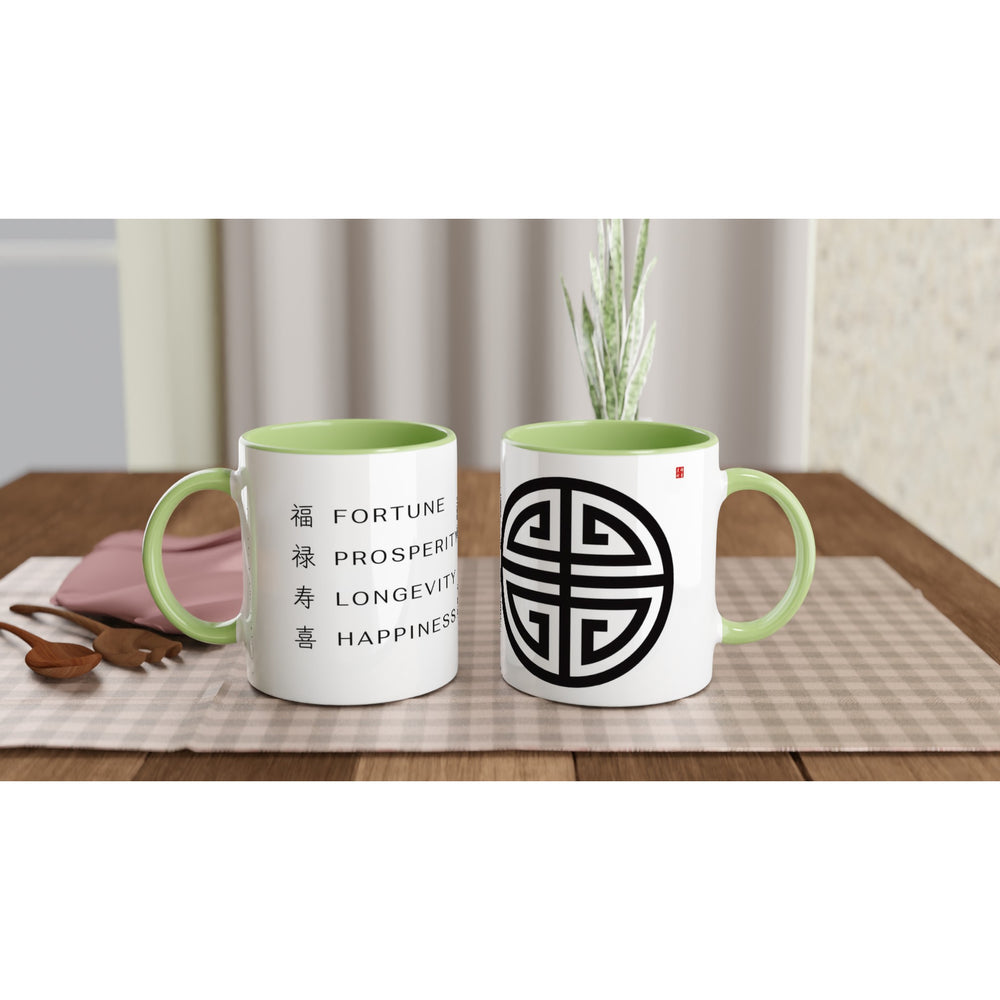 Taza Feng Shui 4 Bendiciones Chinas Fu Lu Shou Xi con interior verde, símbolo oriental de prosperidad, equilibrio y energía positiva.
