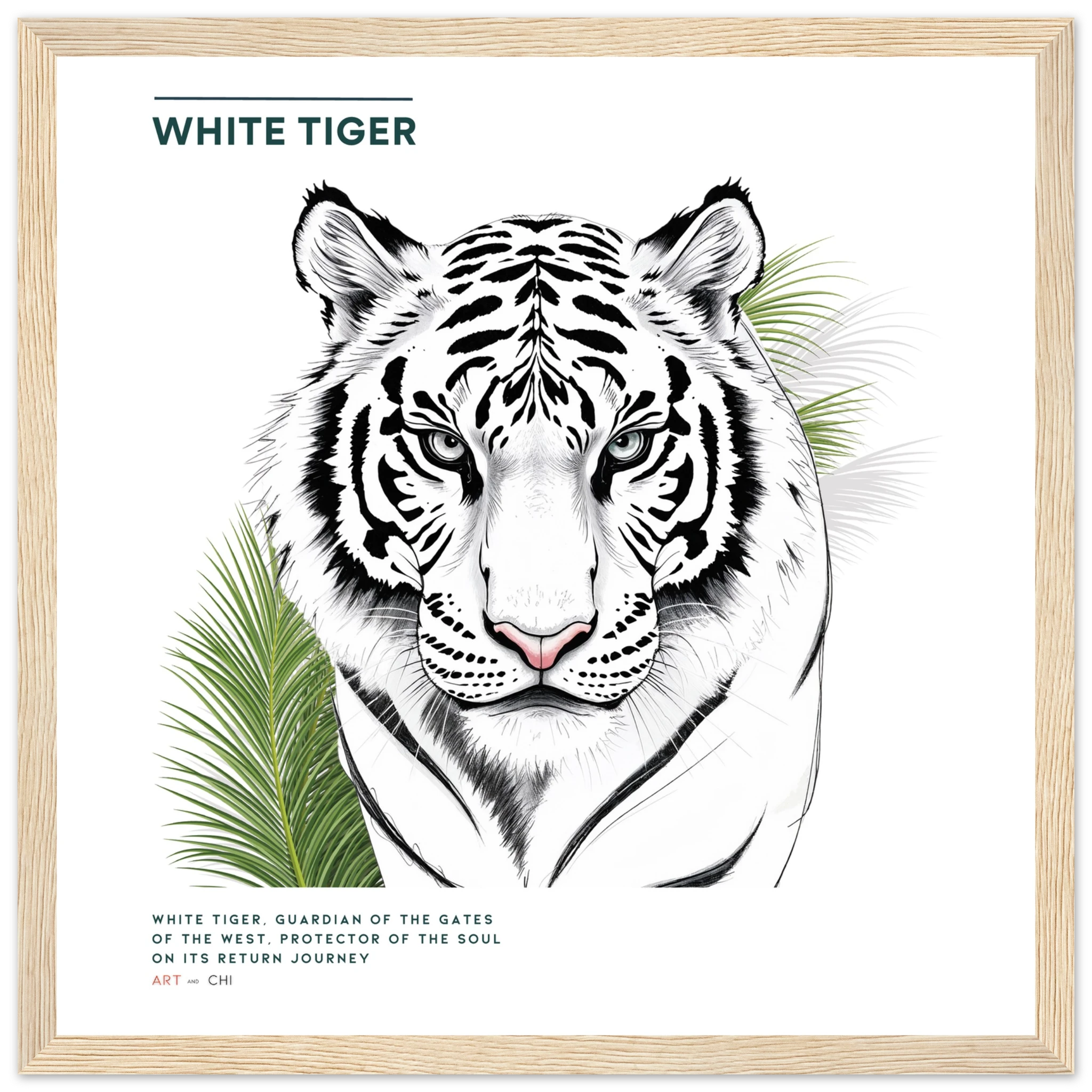 Cuadro White Tiger con tigre blanco minimalista, símbolo Feng Shui del guardián del Oeste, decoración elegante de pared