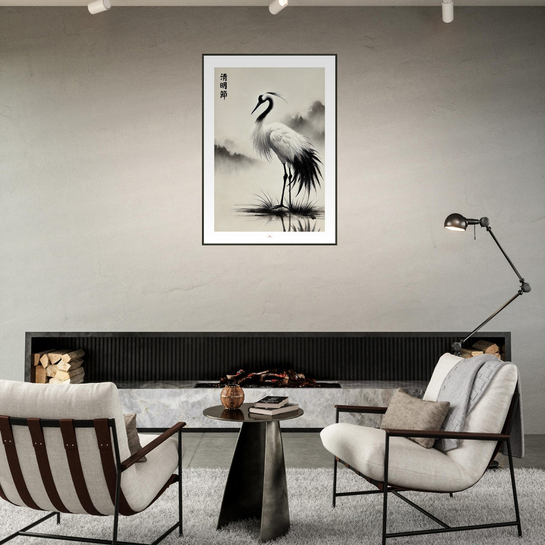 Lámina Feng Shui de grulla japonesa en sumi-e minimalista, símbolo de longevidad y equilibrio. Sumi-e art o feng shui poster