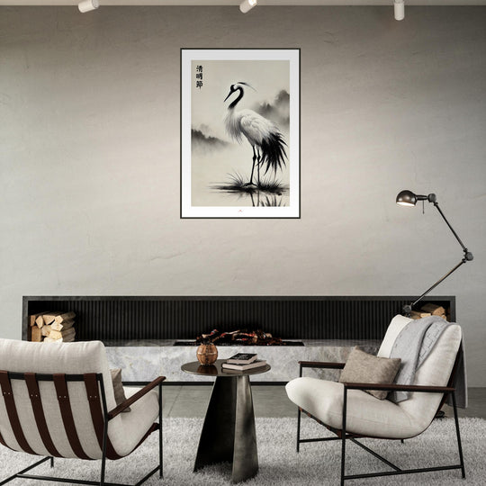Lámina Feng Shui de grulla japonesa en sumi-e minimalista, símbolo de longevidad y equilibrio. Sumi-e art o feng shui poster