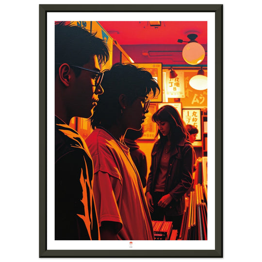 Lámina Noches de Vinilos, arte urbano retro inspirado en Tokio con estética de los años 80