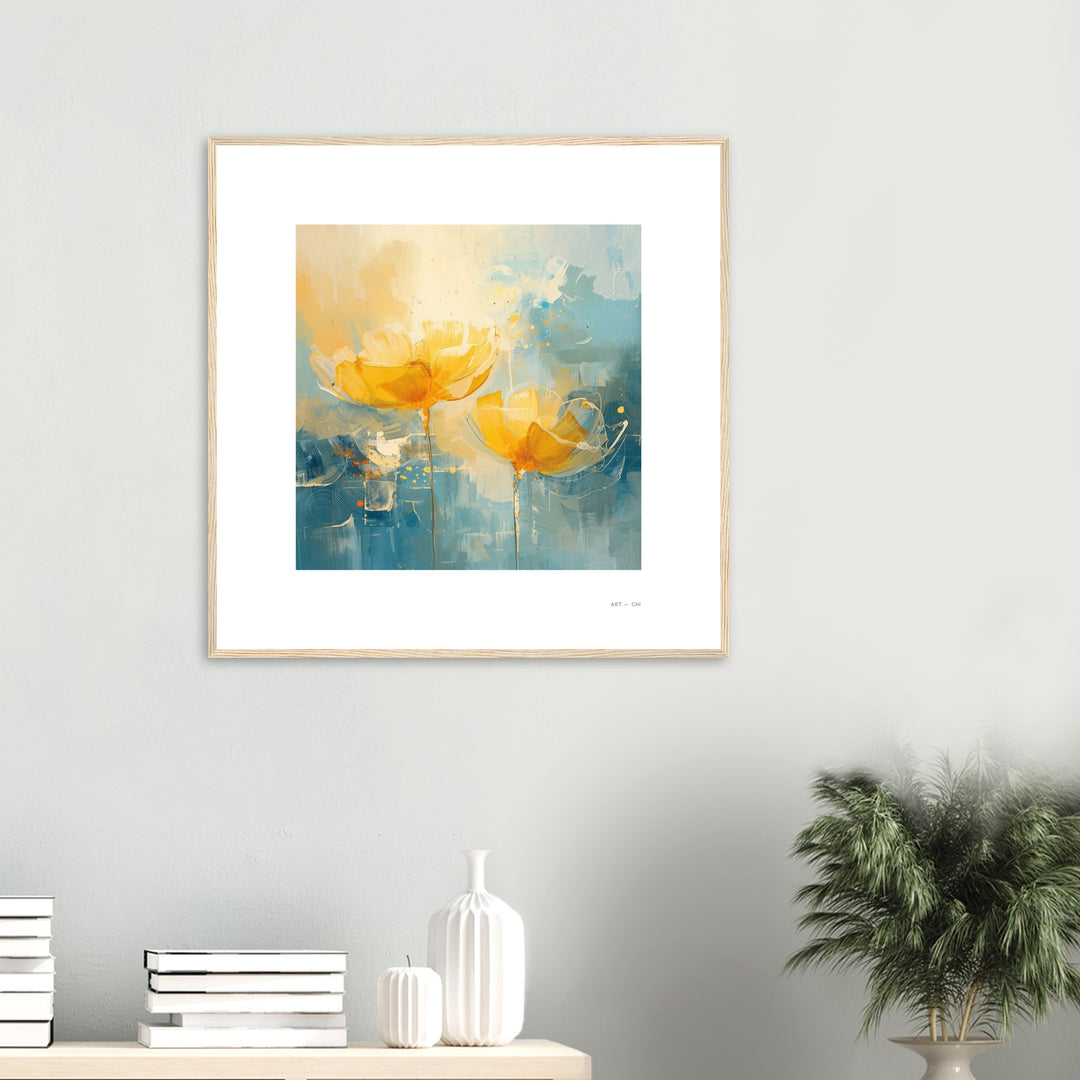 Cuadro decorativo alegre de flores amarillas en marco de madera de pino, aportando un buen feng shui al recibidor