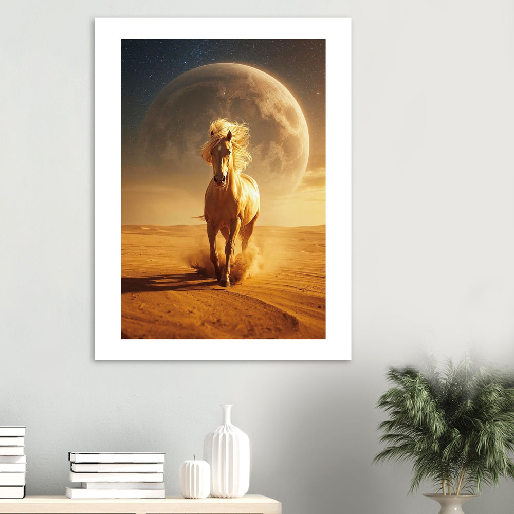 Póster Caballo Dorado Feng Shui en salón moderno blanco, arte mural de fuerza, avance y energía Yang para decoración elegante.