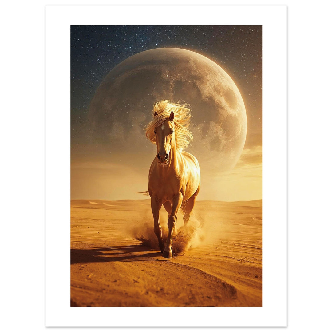 Póster Caballo Dorado Feng Shui con  en movimiento sobre paisaje dorado y luna llena, arte mural para objetivos y negocio.
