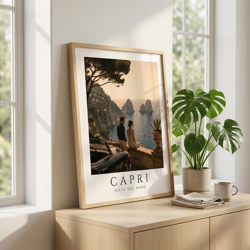 Capri Vista Sul Mare | Lámina vintage de Capri con marco de madera apoyada sobre mueble claro, ideal para decoración mediterránea y espacios naturales.