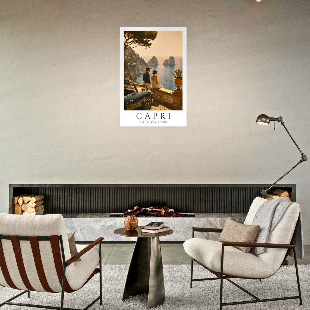 Capri Vista Sul Mare | Póster vintage de Capri en salón moderno con chimenea, decoración elegante y aire mediterráneo para espacios contemporáneos.
