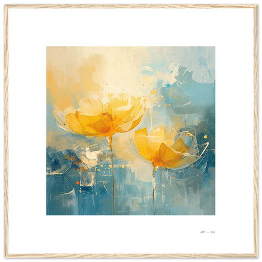 Lámina decorativa impresinoista, tonos turquesa y amarillo mostaza, arte feng shui enmarcado