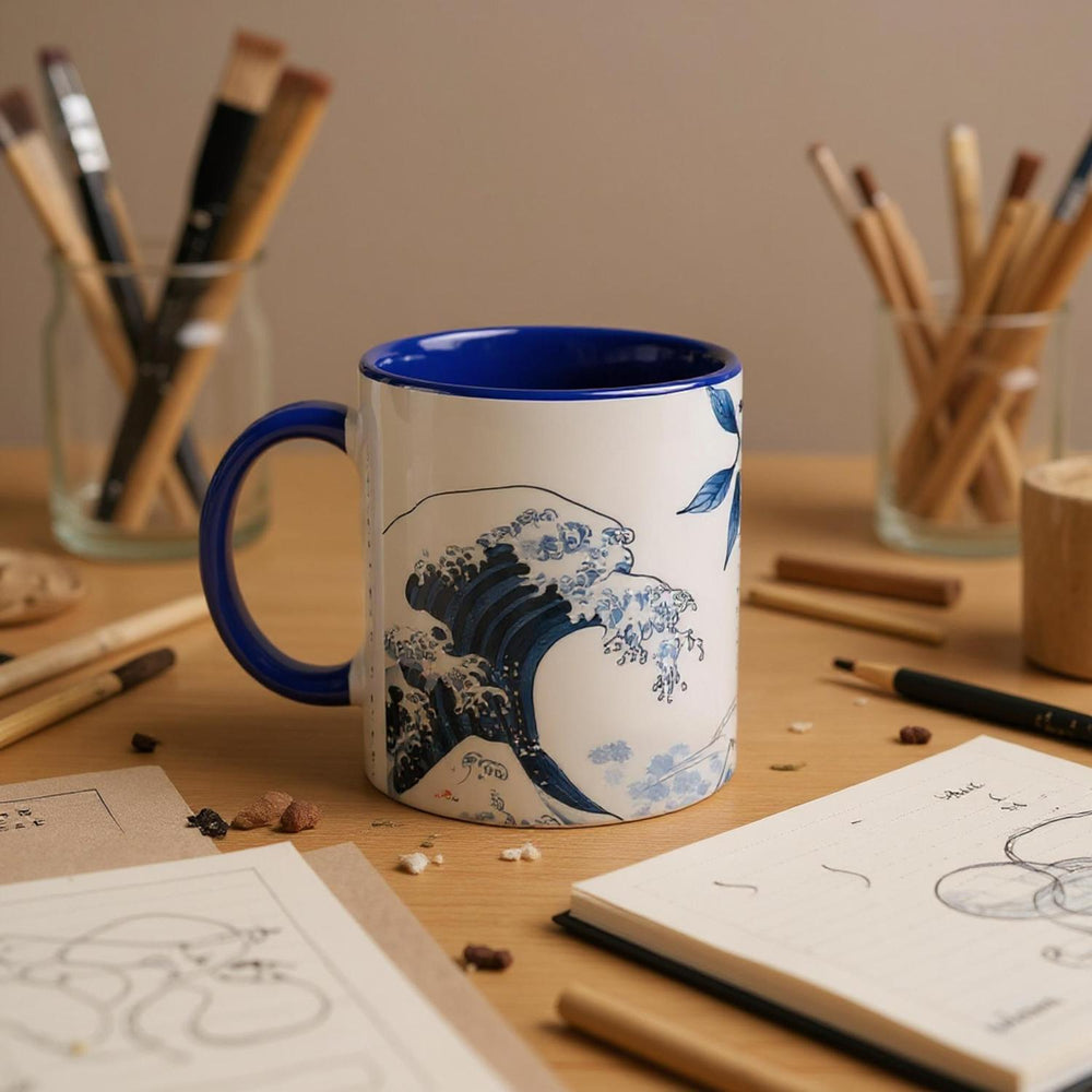 Taza El Mar Despierta en cerámica  de 325 ml con interior y asa en azul, diseño  japoneés inspirado en el mar y la serenidad.