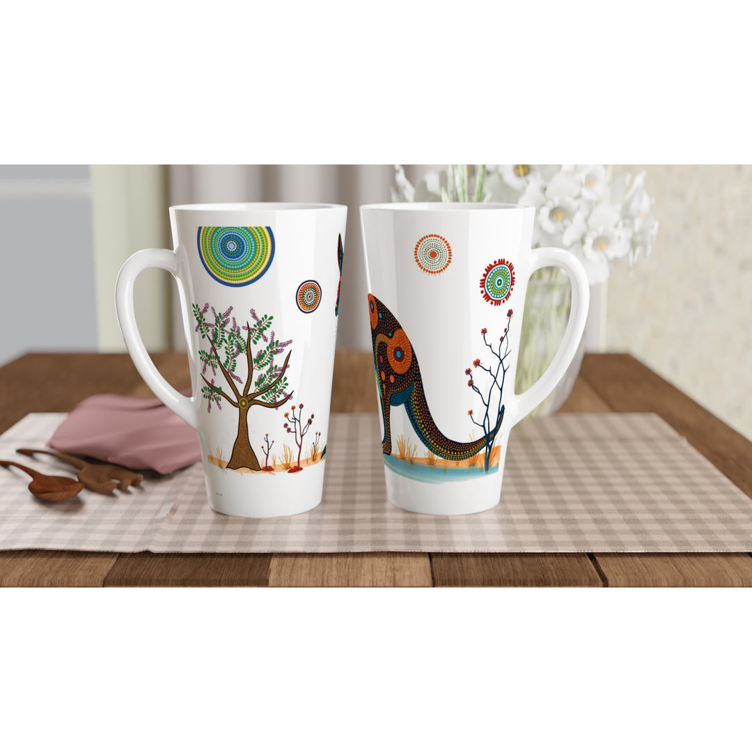 Tazas del Mundo | Canguro, dos tazas altas con diseño artístico alegre y minimalista de canguro sobre mesa de madera 