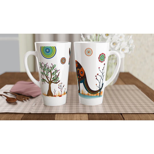 Tazas del Mundo | Canguro, dos tazas altas con diseño artístico alegre y minimalista de canguro sobre mesa de madera 