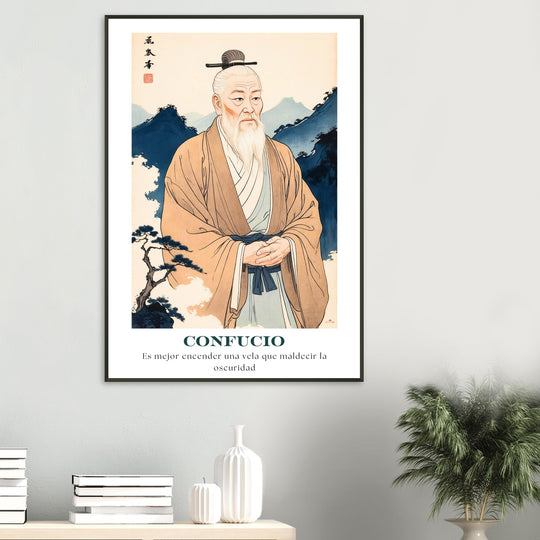 Lámina Feng Shui de Confucio con frase inspiradora Luz en la Oscuridad, ideal para sabiduría y conocimiento. Sumi-e art o feng shui poster