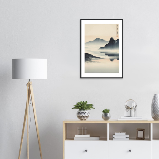 paisaje zen  enmarcado con montañas y agua en calma, inspirada en la pintura japonesa sumi-e; simboliza renovación, serenidad y abundancia