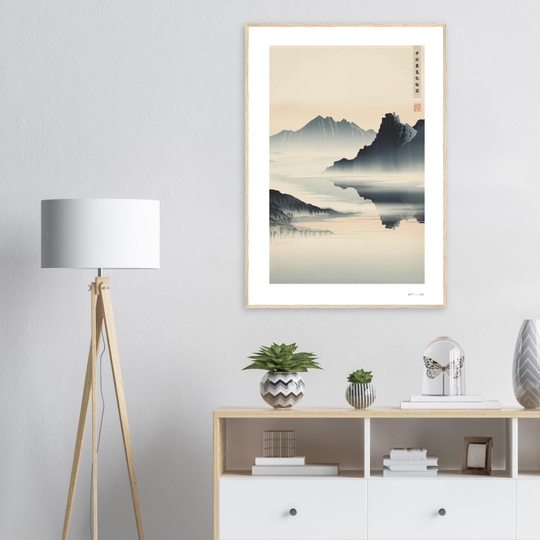 Paisaje zen con montañas y agua en calma, inspirada en la pintura japonesa sumi-e; simboliza renovación, serenidad y abundancia