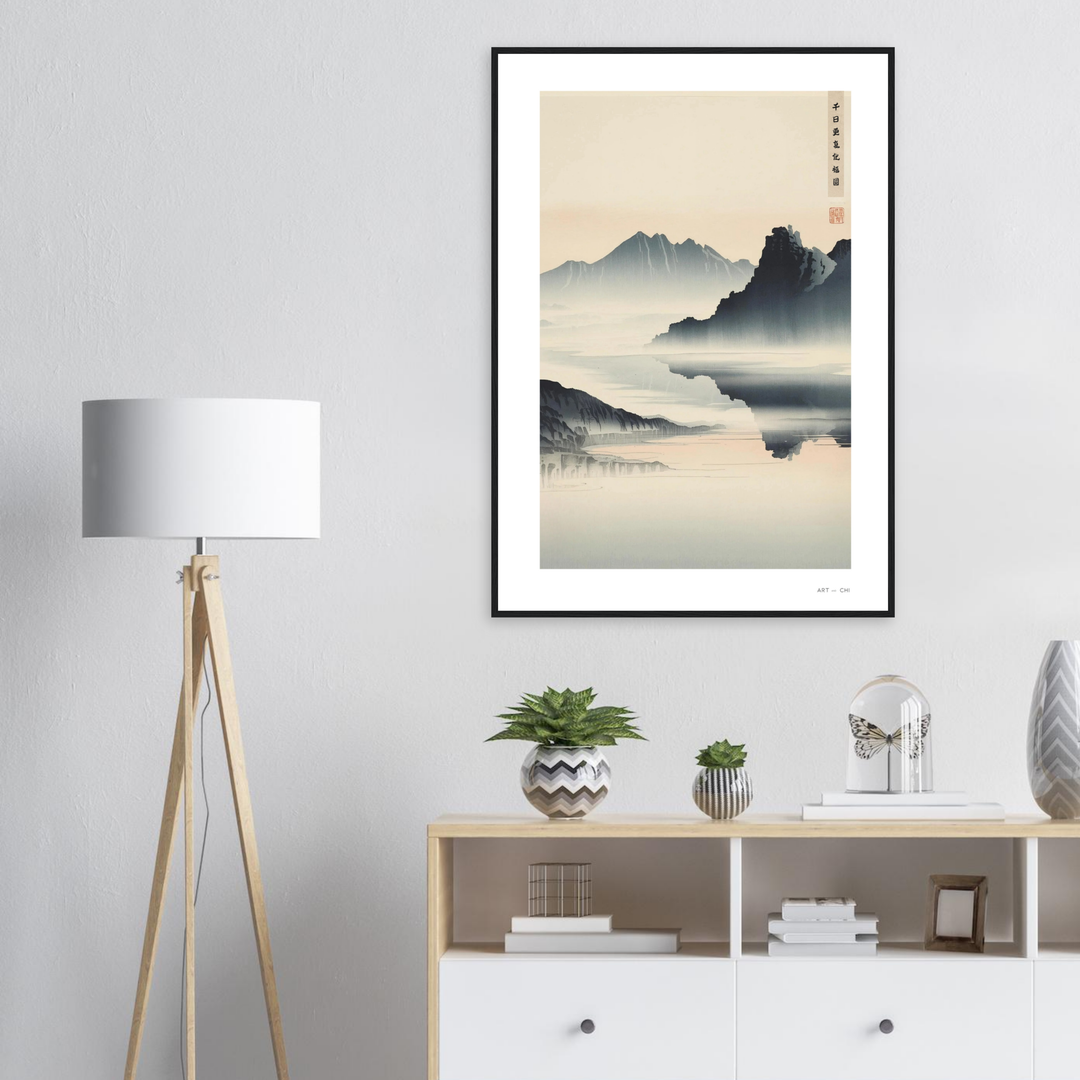 paisaje zen con montañas y agua en calma, inspirada en la pintura japonesa sumi-e; simboliza renovación, serenidad y abundancia