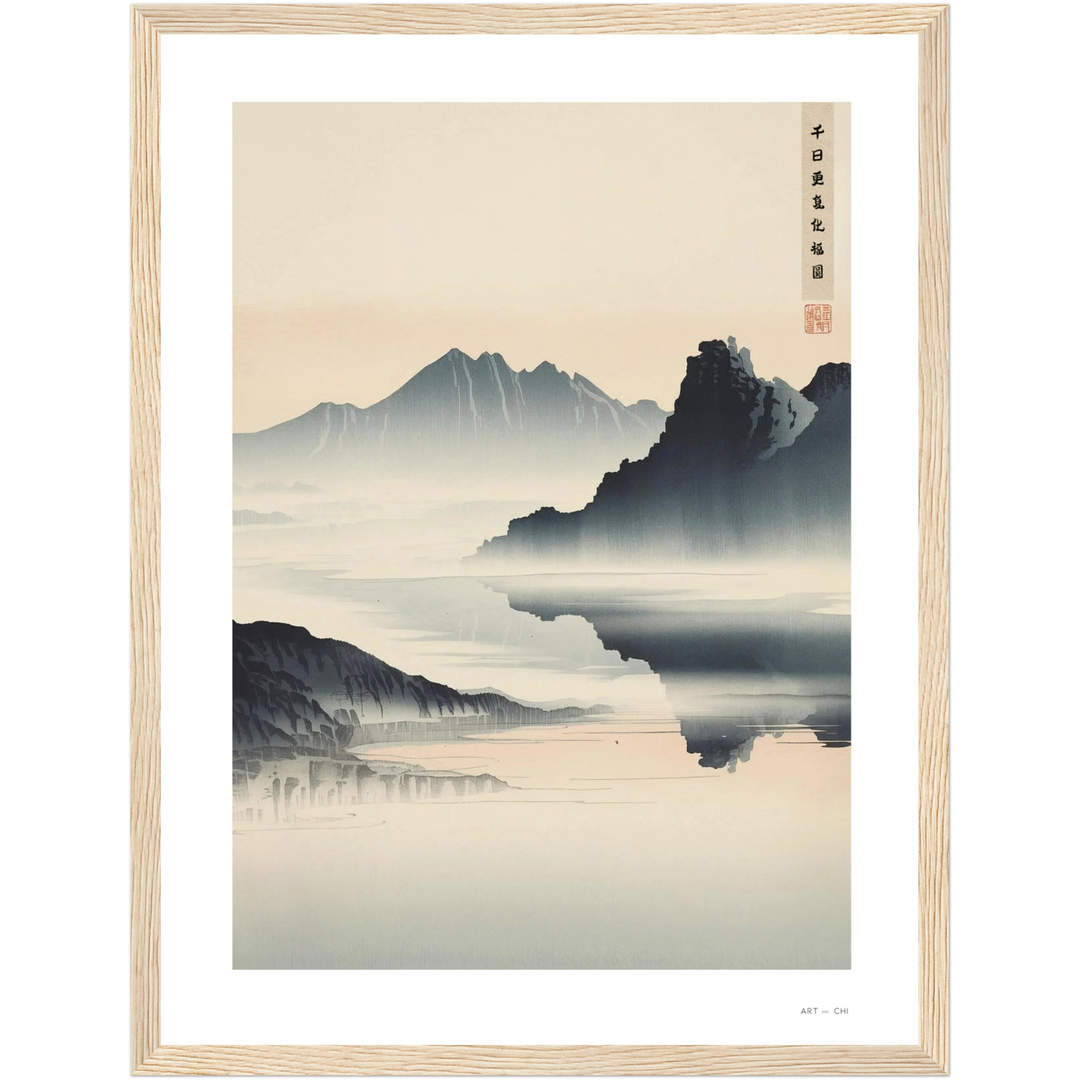 paisaje zen  enmarcado con montañas y agua en calma, inspirada en la pintura japonesa sumi-e; simboliza renovación, serenidad y abundancia