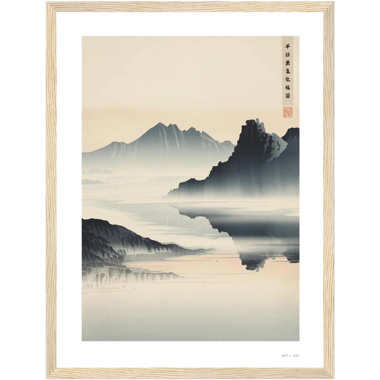 paisaje zen  enmarcado con montañas y agua en calma, inspirada en la pintura japonesa sumi-e; simboliza renovación, serenidad y abundancia