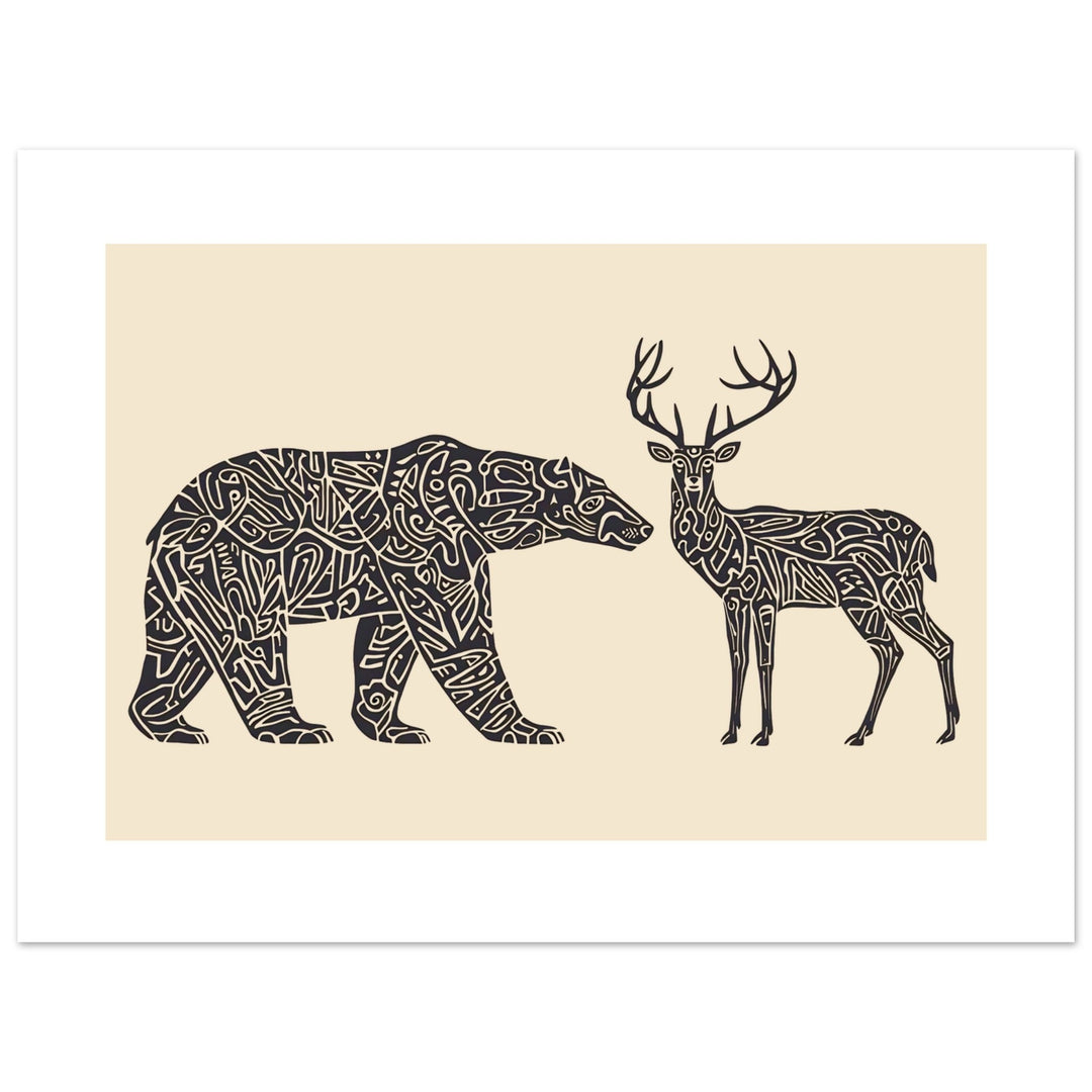 Lámina premium decorativa tribal contemporánea, un encuentro entre el oso polar como espíritu del Norte, y el Ciervo como espíritu del Bosque.