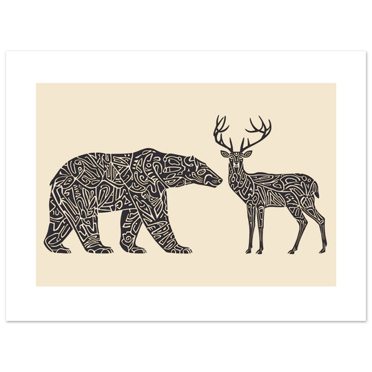 Lámina premium decorativa tribal contemporánea, un encuentro entre el oso polar como espíritu del Norte, y el Ciervo como espíritu del Bosque.