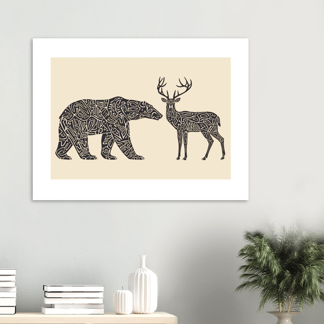 Arte tribal contemporáneo y simbólico. Oso polar y ciervo. Animales del ártico.
