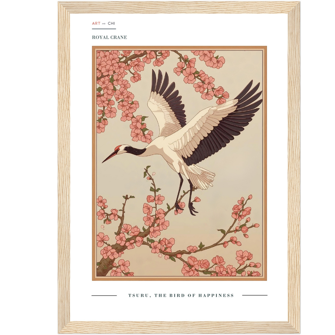 Cerezo en Flor con Grulla volando, estilo Japandi, lçamina en papel mate con marco de madera natural
