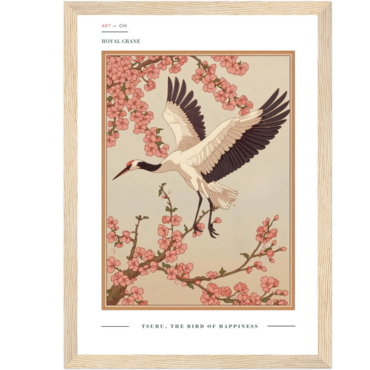 Cerezo en Flor con Grulla volando, estilo Japandi, lçamina en papel mate con marco de madera natural