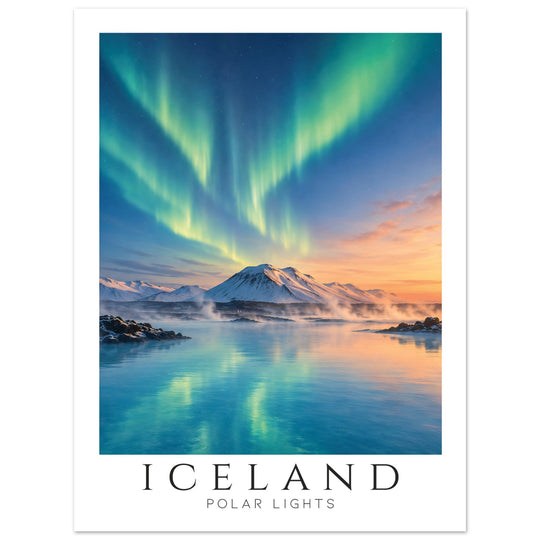 Iceland Polar Lights | Póster vintage de Islandia con aurora boreal sobre montañas nevadas y reflejo azul en aguas termales.