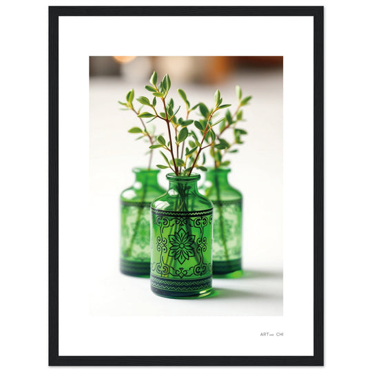 jarrones de cristal verde con ramas y hojas pequeñas sobre fondo blanco; diseño botánico minimalista y elegante