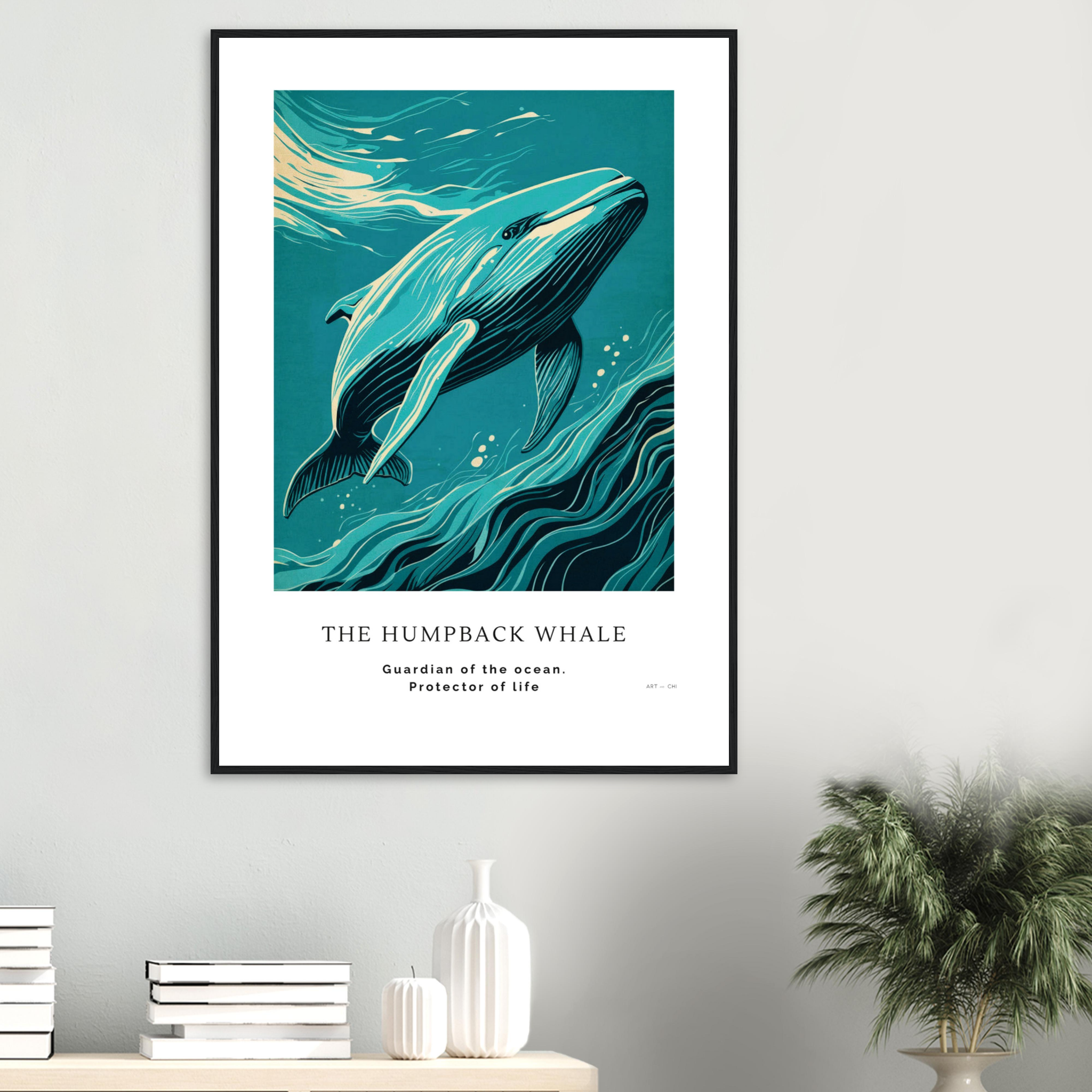lámina feng shui contemporánea  ballena jorobada decoración pared minimalista calma y protección tamaño 70x100 cm marco madera pino negro
