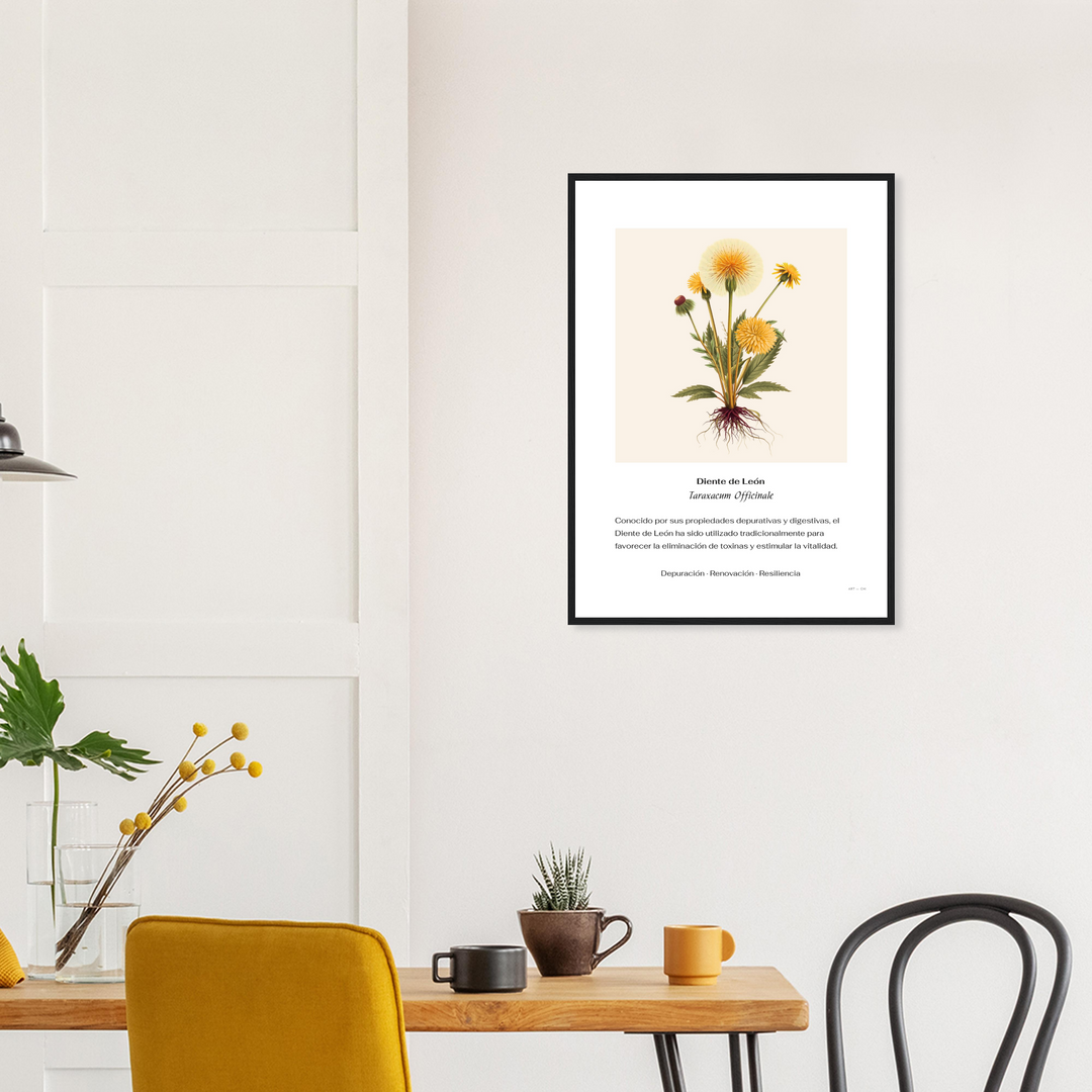 Ilustración botánica vintage de Diente de León Taraxacum officinale con raíces visibles y texto sobre renovación