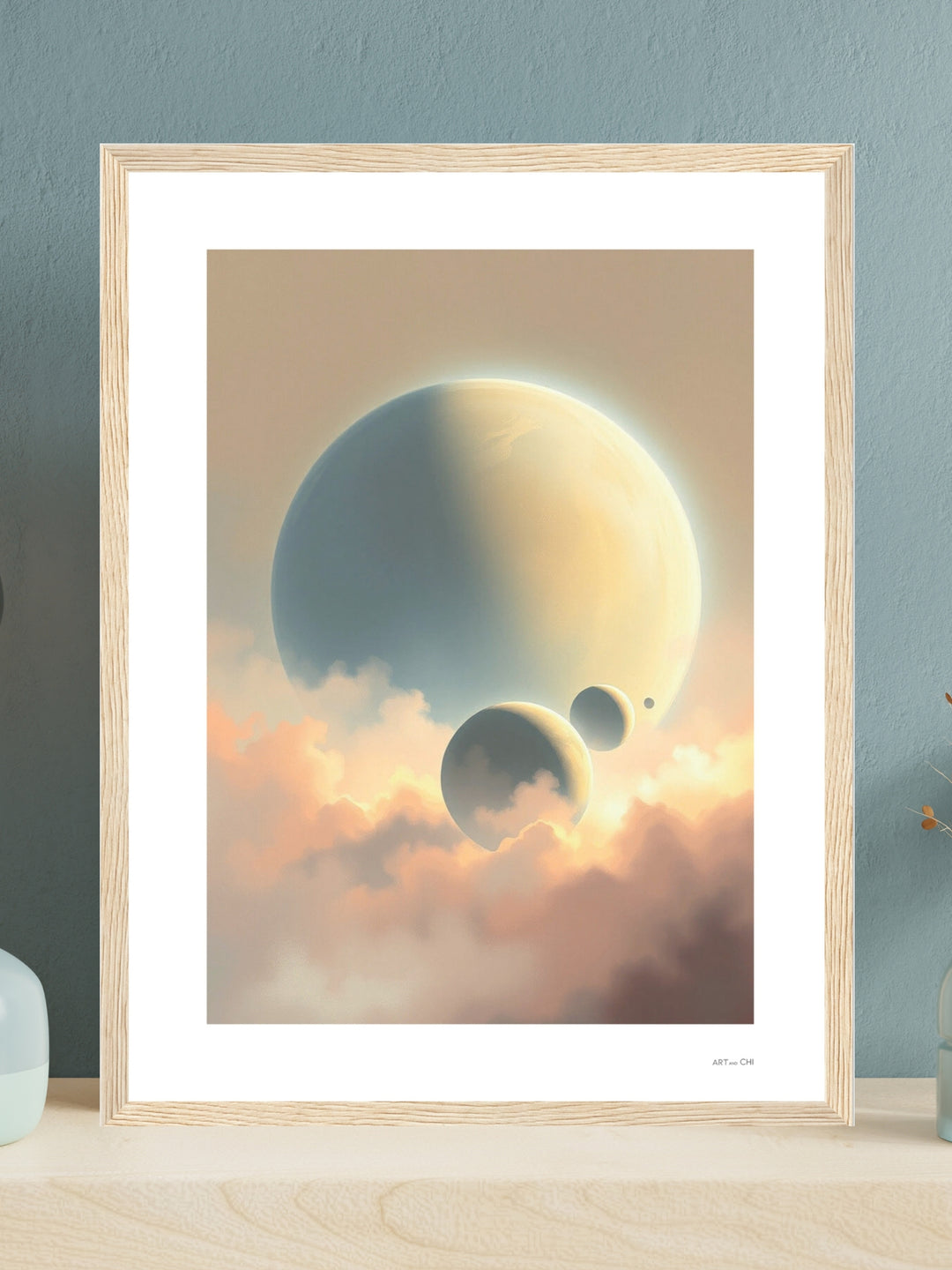 Lámina poster premium "Esferas Celestes"arte minimalista espiritual, póster decorativo Feng Shui para salón, decoración oficina, despacho, regalo original.