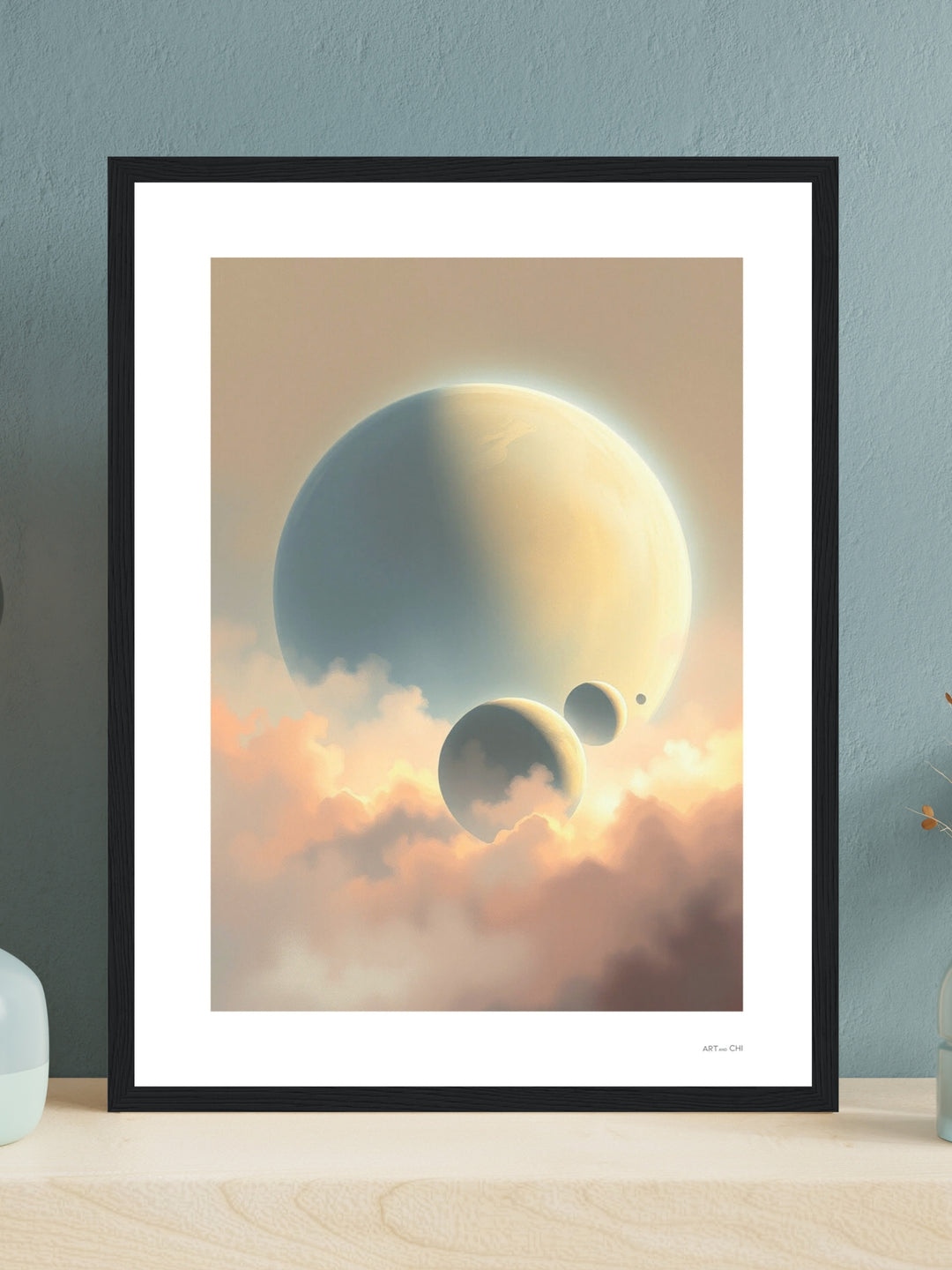 Lámina poster premium "Esferas Celestes"arte minimalista espiritual, póster decorativo Feng Shui para salón, decoración oficina, despacho, regalo original.