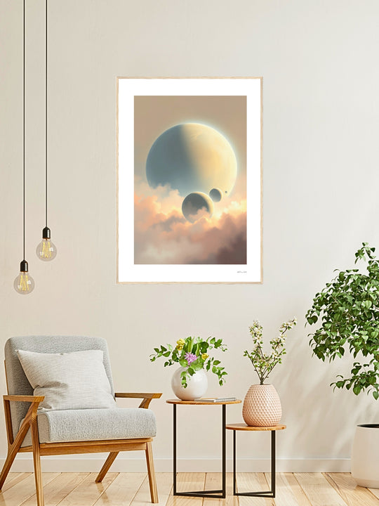 Lámina poster premium "Esferas Celestes"arte minimalista espiritual, póster decorativo Feng Shui para salón, decoración oficina, despacho, regalo original.