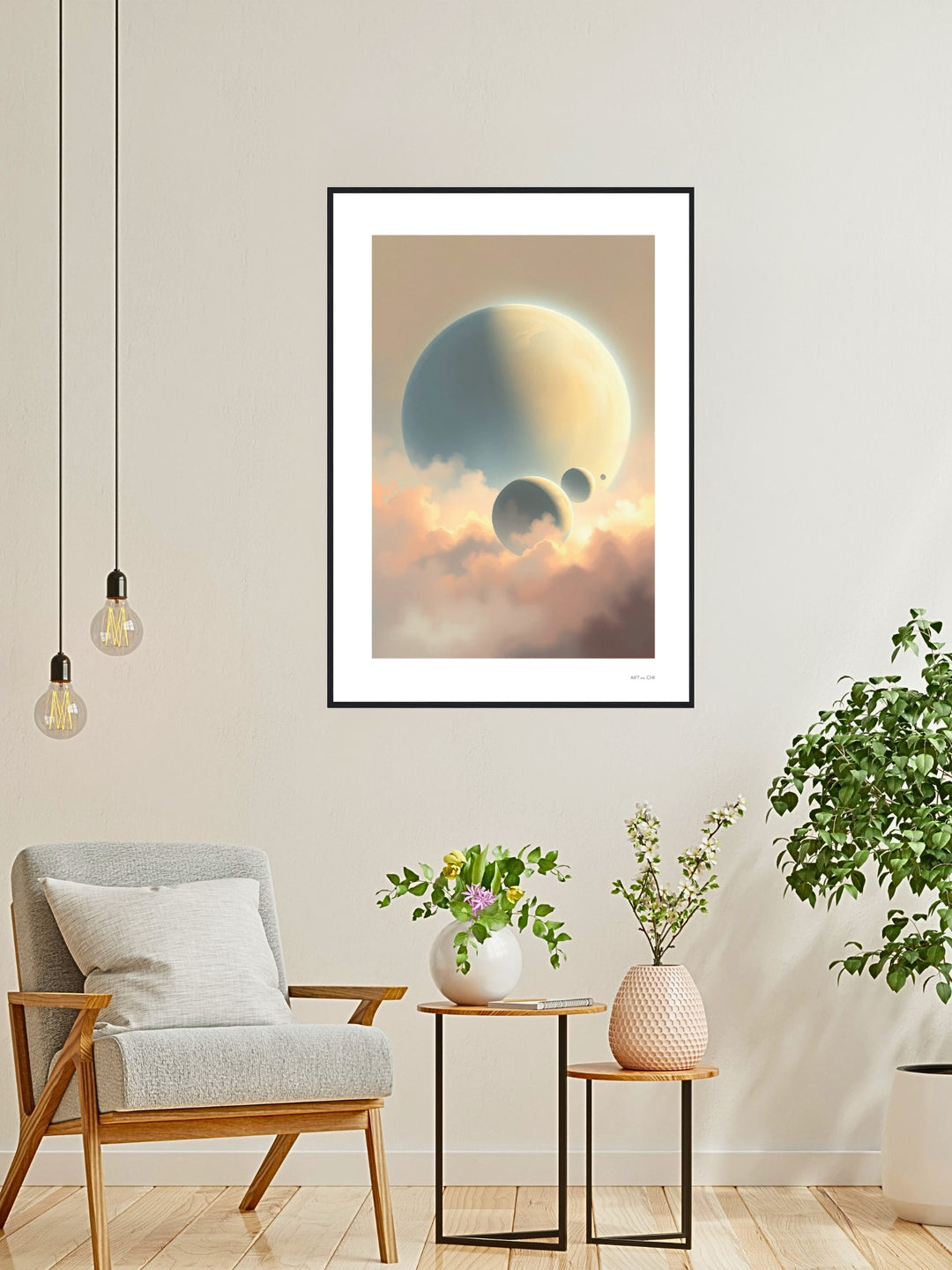 Lámina poster premium "Esferas Celestes"arte minimalista espiritual, póster decorativo Feng Shui para salón, decoración oficina, despacho, regalo original.